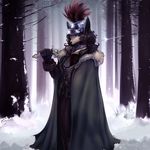  anthro blue_eyes brown_hair canine cloak clothed clothing female forest fox gloves hair helmet littlenapoleon looking_at_viewer mammal melee_weapon outside snow solo sword tree watsup weapon winter 