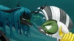  2015 blue_eyes changeling dialogue duo english_text equine female friendship_is_magic glowing glowing_eyes gold_(metal) green_eyes green_hair hair holes horn mammal mask my_little_pony neck_rings piercing queen_chrysalis_(mlp) stripes text underpable zebra zecora_(mlp) 