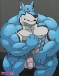 abs anthro balls biceps big_muscles black_nose blue_fur canine digimon dog doggy_kruger erection fur male mammal manly muscular muscular_male nipples nude pecs penis power_rangers sharp_teeth simple_background solo teeth 