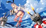  &gt;_&lt; :3 :o anchor_hair_ornament armpits ass black_panties blonde_hair brown_eyes closed_eyes cloud crop_top crop_top_overhang day elbow_gloves firing gloves hair_ornament hair_ribbon kantai_collection liang_xing lifebuoy long_hair looking_at_viewer machinery midriff miniskirt ocean open_mouth panties rensouhou-chan ribbon shimakaze_(kantai_collection) skirt sky solo striped striped_legwear thighhighs thong triangle_mouth turret underwear 