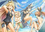  accidental_exposure animal_ears barefoot beach bikini bikini_top_removed black_bikini black_hair blonde_hair blush brown_hair cagliostro_(granblue_fantasy) casual_one-piece_swimsuit clarisse_(granblue_fantasy) closed_eyes cloud covered_navel covering covering_breasts crown day djeeta_(granblue_fantasy) embarrassed erune granblue_fantasy green_bikini green_eyes hair_ornament hairband iroia jewelry long_hair looking_at_viewer multiple_girls navel necklace ocean one-piece_swimsuit open_mouth orange_eyes outdoors pink_hairband purple_eyes short_hair sky smile swimsuit tail topless white_swimsuit yuel_(granblue_fantasy) 