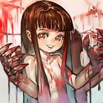  blood brown_hair claws hair_censor hair_over_breasts long_hair monster_girl nude original otonari_koubou red_eyes solo yoshinari_you 