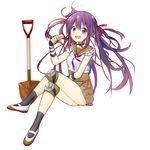  crossed_legs ebisuzawa_kurumi fang fingerless_gloves full_body gakkou_gurashi! gloves highres knee_pads long_hair looking_at_viewer nutsiqu open_mouth purple_hair red_eyes school_uniform shovel simple_background sitting skirt smile solo twintails white_background 