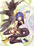  absurdres armpits arms_up atorosu blue_hair choker dizzy guilty_gear hair_ribbon highres long_hair midriff navel necro_(guilty_gear) red_eyes ribbon sitting solo tail thighhighs undine_(guilty_gear) wariza wings zettai_ryouiki 