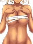  blonde_hair bottomless breasts budget_sarashi collarbone dark_skin hands_on_own_chest head_out_of_frame kantai_collection large_breasts musashi_(kantai_collection) navel saboten_teishoku sarashi short_hair smile solo 