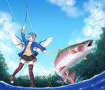  alternate_color alternate_costume animal_ears bird_wings blue_eyes blue_hair blue_sky cloud day fish fishing fishing_line fishing_rod hat isaki_(gomi) jacket long_sleeves mystia_lorelei open_clothes open_jacket open_mouth salmon shirt skirt sky smile solo striped striped_legwear thighhighs touhou water wings zettai_ryouiki 