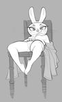  anthro breasts buckteeth chair clothing female greyscale kaboozey kung_fu_panda lagomorph looking_at_viewer mammal monochrome nipples nude presenting pussy rabbit smile solo teeth undressing 