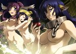  absurdres alcohol animal_ears blue_eyes breasts chain collar convenient_arm convenient_censoring cup hair_censor hair_over_breasts highres hug hug_from_behind karura_(utawareru_mono) kuon_(utawareru_mono) large_breasts metal_collar multiple_girls nude nyantype official_art onsen open_mouth parted_lips pink_hair purple_hair sakazuki sake touka_(utawareru_mono) towel towel_on_head utawareru_mono utawareru_mono:_itsuwari_no_kamen wet wings yellow_towel 