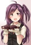  ahoge blouse blush brown_eyes food gloves hagikaze_(kantai_collection) highres kamelie kantai_collection long_hair looking_at_viewer neck_ribbon ohagi_(food) one_side_up open_mouth pun purple_hair red_ribbon ribbon school_uniform short_sleeves smile solo upper_body vest white_gloves 