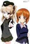  absurdres arm_grab beret blush brown_eyes brown_hair emblem girls_und_panzer hat highres japanese_tankery_league_(emblem) looking_at_another looking_at_viewer megami military military_uniform multiple_girls nishizumi_miho official_art ogura_noriko ooarai_military_uniform open_mouth selection_university_(emblem) selection_university_military_uniform shimada_arisu smile two_side_up uniform 