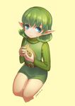  belt blue_eyes green_hair green_hairband hairband highres instrument looking_at_viewer ocarina overalls pointy_ears ruru_(lulubuu) saria short_hair shorts simple_background sitting smile solo sweater the_legend_of_zelda the_legend_of_zelda:_ocarina_of_time 