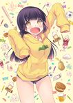  baseball_bat black_panties candy egg food fruit genderswap genderswap_(mtf) hood hoodie japanese_flag long_hair matsuno_juushimatsu money oden osomatsu-kun osomatsu-san panties parfait purple_hair senmen_kinuko sleeves_past_wrists solo underwear yellow_eyes 