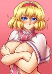  alice_margatroid blonde_hair blue_eyes blush breasts capelet covering covering_breasts crossed_arms hairband highres large_breasts mazume pink_background short_hair solo touhou upper_body 