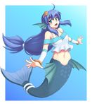  :d ahoge arm_guards armpits bare_shoulders blue_background blue_hair bracelet fins green_eyes isaki_(gomi) jewelry long_hair looking_at_viewer low-tied_long_hair mermaid monster_ears monster_girl navel off_shoulder open_mouth outstretched_arms puyopuyo scales seriri_(puyopuyo) shirt sidelocks simple_background smile solo starfish stomach very_long_hair white_shirt 