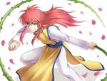  green_eyes highres japanese_clothes kurama long_hair male_focus petals pink_hair plant setsuna215 shadow solo vine_whip vines whip yuu_yuu_hakusho 