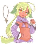  ahoge animal_ears bad_id bad_tumblr_id bare_shoulders bikini_top bright_pupils brown_eyes dark_skin detached_collar detached_sleeves dog_ears dog_girl dog_tail done_(donezumi) fang hand_on_hip holding_necklace jewelry large_tail lavender_sleeves light_green_hair long_hair long_sleeves looking_at_viewer low_twintails midriff nail_polish navel necklace open_mouth original pale_color pinstripe_pattern purple_nails sketch smile solo striped tail titi-chan_(nezumi_inu) twintails white_pupils wide_sleeves 