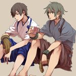  barefoot blue_hakama brown_hair brown_hakama commentary_request genderswap genderswap_(ftm) gloves green_hair hakama japanese_clothes juice kaga_(kantai_collection) kantai_collection knees_up looking_down looking_to_the_side multiple_boys partly_fingerless_gloves ree_(re-19) sitting translated yugake zuikaku_(kantai_collection) 