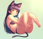  animal_ears bangs bare_arms bare_shoulders barefoot black_hair blunt_bangs breasts brown_eyes cat_ears cat_tail dorsiflexion fake_animal_ears feet full_body green_background hairband knees_together_feet_apart leg_hug legs_up long_hair lying nishizawa on_back original pigeon-toed reclining simple_background small_breasts solo tail underwear underwear_only untied_bra very_long_hair wavy_mouth 