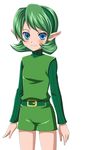  asatsuki_(fgfff) belt blue_eyes blush green_hair green_hairband hairband highres overalls pointy_ears saria short_hair short_jumpsuit shorts simple_background smile solo sweater the_legend_of_zelda the_legend_of_zelda:_ocarina_of_time white_background 