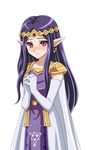  asatsuki_(fgfff) blush circlet dress earrings elbow_gloves gloves hands_together highres jewelry long_hair pointy_ears princess_hilda purple_eyes purple_hair simple_background solo the_legend_of_zelda the_legend_of_zelda:_a_link_between_worlds white_background 