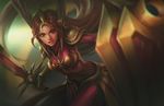  armor bikini_armor blurry bodysuit breastplate brown_eyes brown_hair chromatic_aberration cowboy_shot depth_of_field expressionless headgear highres holding holding_sword holding_weapon league_of_legends leona_(league_of_legends) long_hair oussama_agazzoum pauldrons shield skirt solo sword tiara very_long_hair weapon 