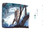  black_coat black_pants cigarette coat copyright_name forest from_side ginko h2so4kancel hand_in_pocket long_sleeves male_focus medicine_box mushishi nature outdoors pants silver_hair smoke smoking solo translated tree walking 