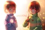  androgynous artist_name blush brown_hair chara_(undertale) closed_eyes copyright_name dark_persona evil_smile flower frisk_(undertale) glowing hands_on_own_chest heart highres knife long_sleeves multiple_others parted_lips petals red_eyes sasucchi95 sleeves_past_wrists smile spoilers striped striped_sweater sweater teeth turtleneck undertale upper_body 