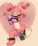  &lt;3 anthro badgegrab ball_gag balls barefoot big_insertion bound digital_media_(artwork) disembodied_penis duo erection fist_mitts gag lagomorph leather_straps lying male mammal navel nemakemono_(artist) nintendo nintendo_badge_arcade nipples nude on_back one_leg_up penis rabbit solo solo_focus uncut video_games 