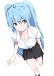  absurdres adjusting_clothes adjusting_shoe aqua_eyes aqua_hair bad_id bad_twitter_id breasts cleavage domo1220 hatsune_miku highres long_hair looking_to_the_side medium_breasts pleated_skirt school_uniform skirt solo standing standing_on_one_leg twintails very_long_hair vocaloid white_background 