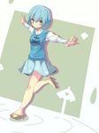  ai_(indigo) blue_eyes blue_hair commentary_request dress error geta heterochromia highres outstretched_arms red_eyes running short_hair smile solo tatara_kogasa touhou vest 