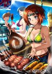  :d :q ^_^ bare_shoulders beach bikini_top bird blue_eyes blue_sky breasts brown_hair cleavage closed_eyes cooking corn day decchi_oyabun fan fanning grill grilling headband ikayaki kooribata licking_lips medium_breasts momohime_ryouran!_sengoku_asuka multiple_girls official_art open_mouth outdoors seagull shaved_ice short_hair side_ponytail sky smile squid steam sweat tongue tongue_out 