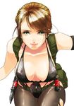  breasts brown_hair cleavage collarbone cowboy_shot eyelashes front-tie_bikini front-tie_top green_eyes hanging_breasts highres large_breasts leaning_forward looking_at_viewer metal_gear_(series) metal_gear_solid_v pantyhose parted_lips ponytail quiet_(metal_gear) simple_background smile solo suspenders torimeiro torn_clothes torn_legwear white_background 