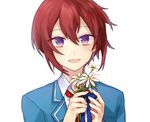  blazer blush ensemble_stars! flower jacket male_focus necktie open_mouth purple_eyes red_hair school_uniform shiao smile solo suou_tsukasa yumenosaki_school_uniform 