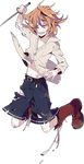  boots brown_eyes brown_hair cross-laced_footwear fang full_body gotou_toushirou jumping lace-up_boots male_focus official_art open_mouth shikimi_(yurakuru) shirt shorts solo sword tantou torn_clothes torn_shirt torn_shorts touken_ranbu transparent_background weapon 