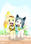  animal_crossing blush bottomless clothed clothing clyndemoon crossover duo female half-dressed isabelle_(animal_crossing) legwear looking_at_viewer nintendo open_mouth panties pussy standing temmie undertale underwear video_games young 