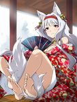  :d animal_ears bangs bare_shoulders barefoot bell blunt_bangs blush breasts choker cleavage crossed_legs fan feet floral_print folding_fan fox_ears fox_tail hair_ornament hairband highres idolmaster idolmaster_(classic) indoors japanese_clothes jewelry jingle_bell kemonomimi_mode kimono long_sleeves looking_at_viewer medium_breasts off_shoulder open_clothes open_kimono open_mouth parted_lips pendant purple_eyes shijou_takane silver_hair sitting smile solo tail tokiani wide_sleeves wooden_floor 