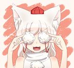  :3 :d animal_ears bare_shoulders blush covering_eyes face hat inubashiri_momiji open_mouth pink_background pom_pom_(clothes) simple_background smile solo sweater_vest tochinoko tokin_hat touhou turtleneck upper_body wolf_ears 