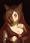  animal_ears artist_name bangs black_background blush breasts brooch brown_hair cleavage collarbone dress eyelashes fingernails hand_on_own_chest imaizumi_kagerou jewelry large_breasts long_hair looking_to_the_side nail_polish off-shoulder_dress off_shoulder parted_lips red_eyes red_nails reflective_eyes sharp_fingernails shiny shiny_hair simple_background solo tareme touhou velkia very_long_hair wolf_ears 