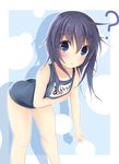  :&lt; ? akatsuki_(kantai_collection) bare_legs black_hair blue_eyes blush highres kantai_collection kushida_you leaning_forward long_hair name_tag no_hat no_headwear one-piece_swimsuit school_swimsuit shadow solo swimsuit 