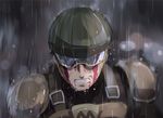  bicycle_helmet blood blood_on_face clenched_teeth face goggles helmet male_focus mumen_rider one-punch_man rain shoulder_pads solo teeth ziran_juan 