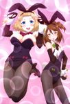  :d absurdres animal_ears ascot black_gloves black_legwear blonde_hair blue_eyes breasts brown_hair bunny_ears bunny_girl bunny_tail bunnysuit cleavage contrapposto detached_collar elbow_gloves fake_animal_ears finger_to_mouth fingerless_gloves gloves green_eyes hairband hand_on_hip high_heels highres jumping large_breasts looking_at_viewer mouth_hold multiple_girls nikaidou_mari nyantype official_art one_side_up open_mouth pantyhose saionji_usagi scan short_hair small_breasts smile standing strappy_heels tail taimadou_gakuen_35_shiken_shoutai thighs wrist_cuffs 
