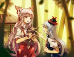  :d bamboo bamboo_forest blue_dress bow building bunny carrying dress eredhen forest fujiwara_no_mokou hair_bow hat kamishirasawa_keine long_hair multiple_girls nature open_mouth pants poking_nose puffy_short_sleeves puffy_sleeves red_eyes shirt short_sleeves silver_hair smile suspenders touhou very_long_hair 