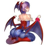  absurdres animal_print arched_back ass back back-seamed_legwear bangs bare_shoulders bat_print bat_wings blue_legwear boots demon_girl fengmo full_body hand_on_own_shoulder hand_on_shoulder head_wings highres leotard lilith_aensland pantyhose parted_lips print_legwear purple_hair red_eyes red_footwear red_leotard seamed_legwear short_hair simple_background sitting solo succubus vampire_(game) white_background wings 