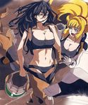  black_hair blonde_hair breasts cleavage fumitan_admoss glasses gundam gundam_tekketsu_no_orphans hair_down jewelry kudelia_aina_bernstein large_breasts long_hair lostunicorn midriff multiple_girls navel necklace panties scrunchie spacesuit sports_bra underwear 