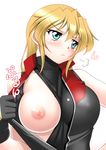  =3 alternate_breast_size blonde_hair blue_eyes breasts commentary_request gloves large_breasts long_hair lyrical_nanoha mahou_shoujo_lyrical_nanoha_strikers nipples one_breast_out open_clothes open_shirt sakura_ryuuken shirt solo teana_lanster 