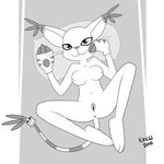  anus bedroom_eyes black_and_white breasts clothing digimon ear_tuft featureless_nipples feline female fur gatomon gloves half-closed_eyes krezz_karavan long_tail looking_at_viewer mammal monochrome navel pillow pussy seductive simple_background solo spread_legs spreading tuft whiskers white_fur 