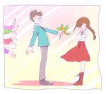  6+boys a_monaca braid brown_hair covering_face flower highres juushimatsu's_girlfriend long_hair matsuno_choromatsu matsuno_ichimatsu matsuno_juushimatsu matsuno_karamatsu matsuno_osomatsu matsuno_todomatsu multiple_boys osomatsu-kun osomatsu-san short_hair smile tears wristband 