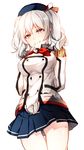  breasts gloves hat hizuki_miya kantai_collection kashima_(kantai_collection) large_breasts long_hair military military_uniform miniskirt silver_hair skirt smile solo twintails uniform wavy_hair 