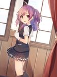  ahoge curtains gloves hagikaze_(kantai_collection) kantai_collection long_hair looking_at_viewer neck_ribbon one_side_up open_mouth pleated_skirt pocket purple_hair red_ribbon ribbon school_uniform shirai_tanuki short_sleeves skirt smile solo vest white_gloves window 