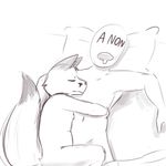  2015 affection anon anthro bed canine cuddling digital_media_(artwork) eyes_closed fishboner_(artist) fox human male mammal open_mouth overweight pillow simple_background sleeping tagme 